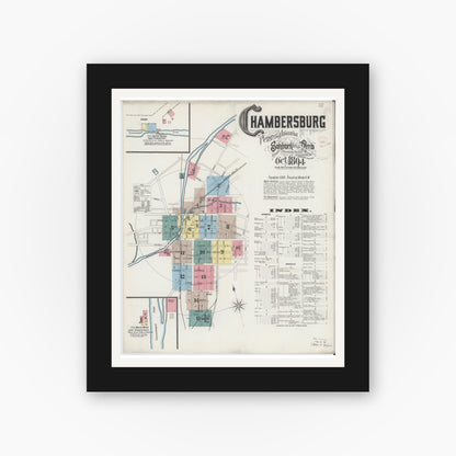 Old map wall art mockup — black gallery frame with white mat — Sanborn Fire Insurance Map from Chambersburg, Franklin County, Pennsylvania (1894) - Complete Map Set