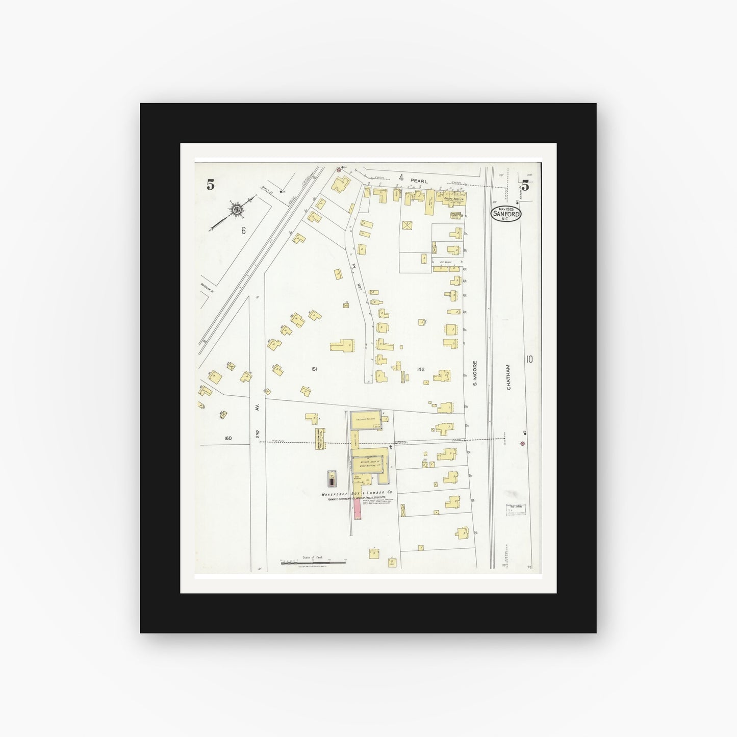 Old map wall art mockup — black gallery frame with white mat — Sanborn Fire Insurance Map from Sanford, Lee County, North Carolina (1925), Sheet #0005