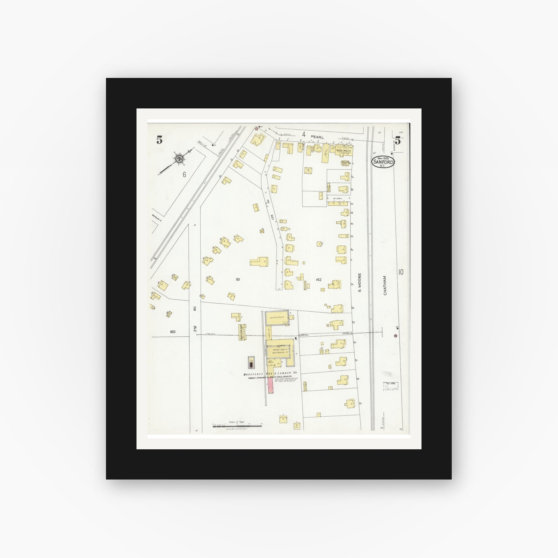 Old map wall art mockup — black gallery frame with white mat — Sanborn Fire Insurance Map from Sanford, Lee County, North Carolina (1925), Sheet #0005