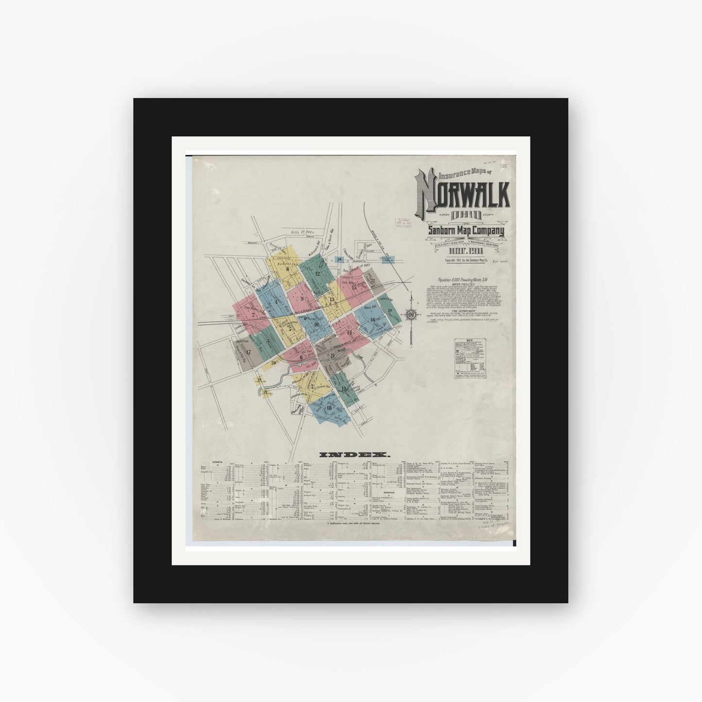 Old map wall art mockup — black gallery frame with white mat — Sanborn Fire Insurance Map from Norwalk, Huron County, Ohio (1911) - Complete Map Set