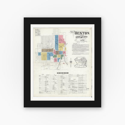 Old map wall art mockup — black gallery frame with white mat — Sanborn Fire Insurance Map from Denton, Denton County, Texas (1917) - Complete Map Set