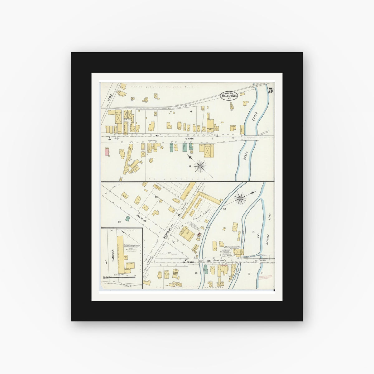 Old map wall art mockup — black gallery frame with white mat — Sanborn Fire Insurance Map from Wellsville, Allegany County, New York (1903), Sheet #0005