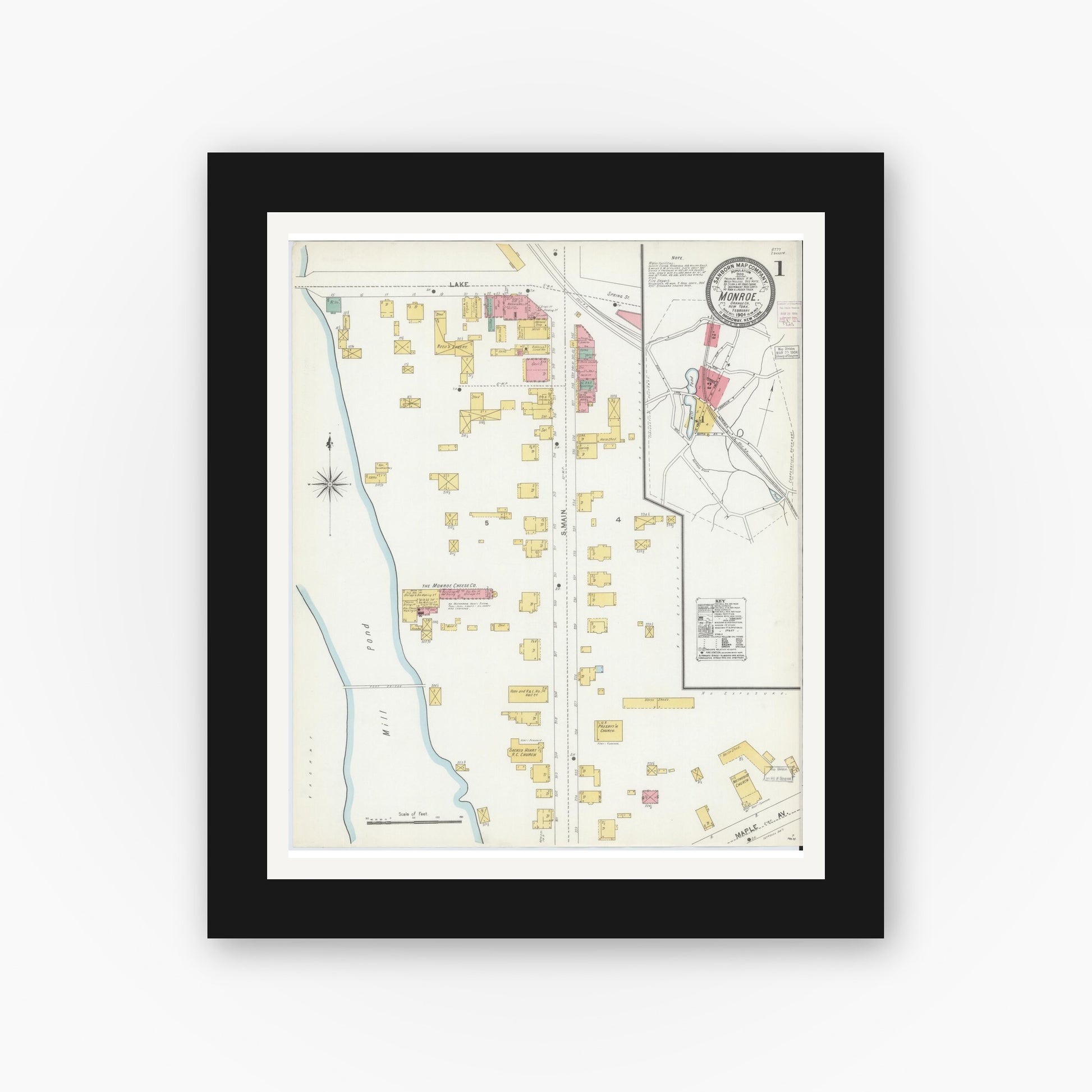 Old map wall art mockup — black gallery frame with white mat — Sanborn Fire Insurance Map from Monroe, Orange County, New York (1904) - Complete Map Set