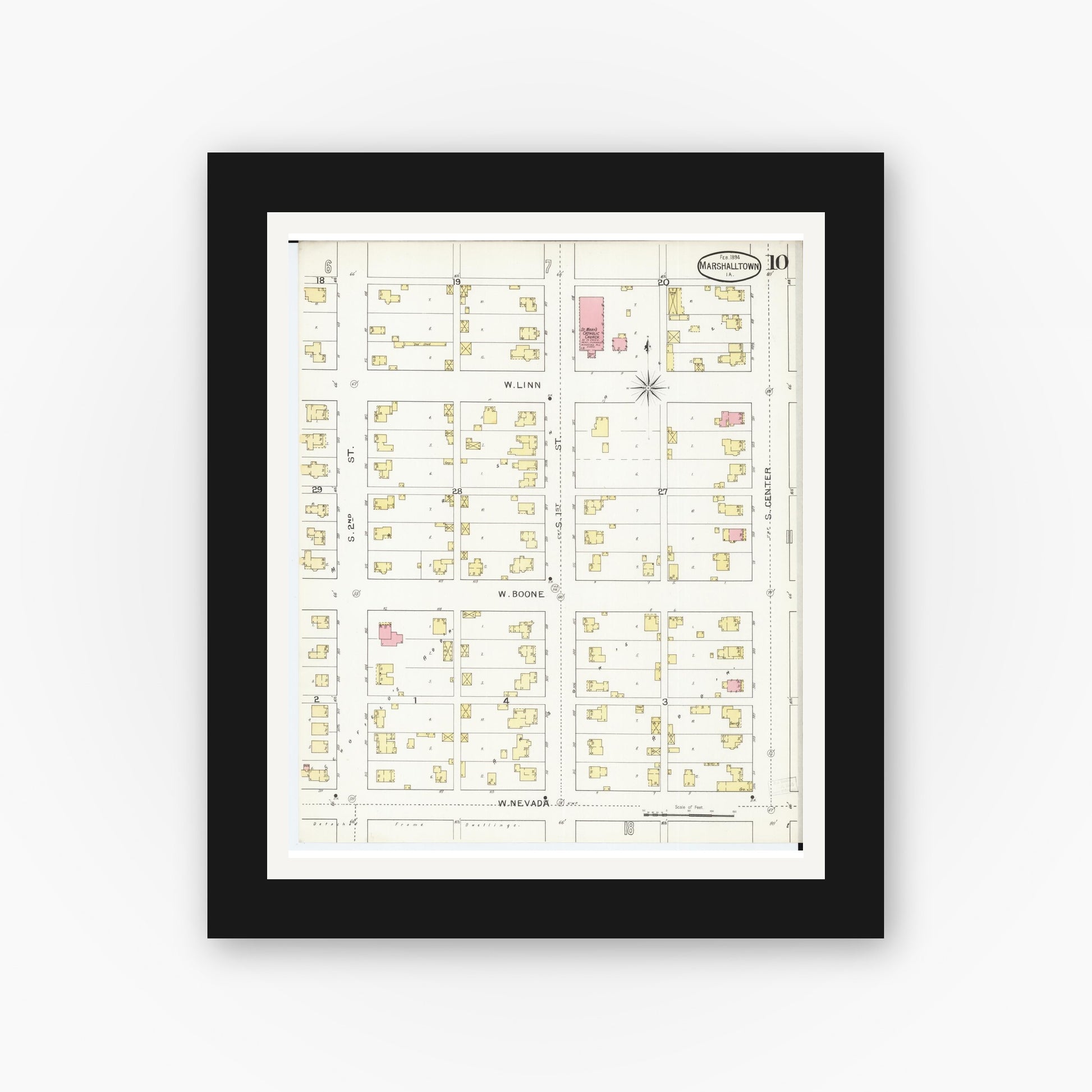 Old map wall art mockup — black gallery frame with white mat — Sanborn Fire Insurance Map from Marshalltown, Marshall County, Iowa (1894), Sheet #0010