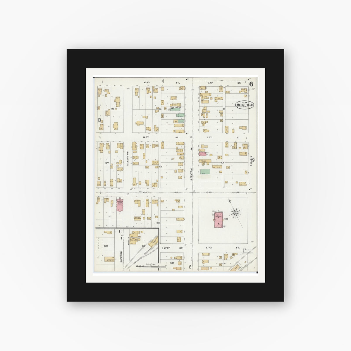 Old map wall art mockup — black gallery frame with white mat — Sanborn Fire Insurance Map from Marshfield, Wood County, Wisconsin (1898), Sheet #0006