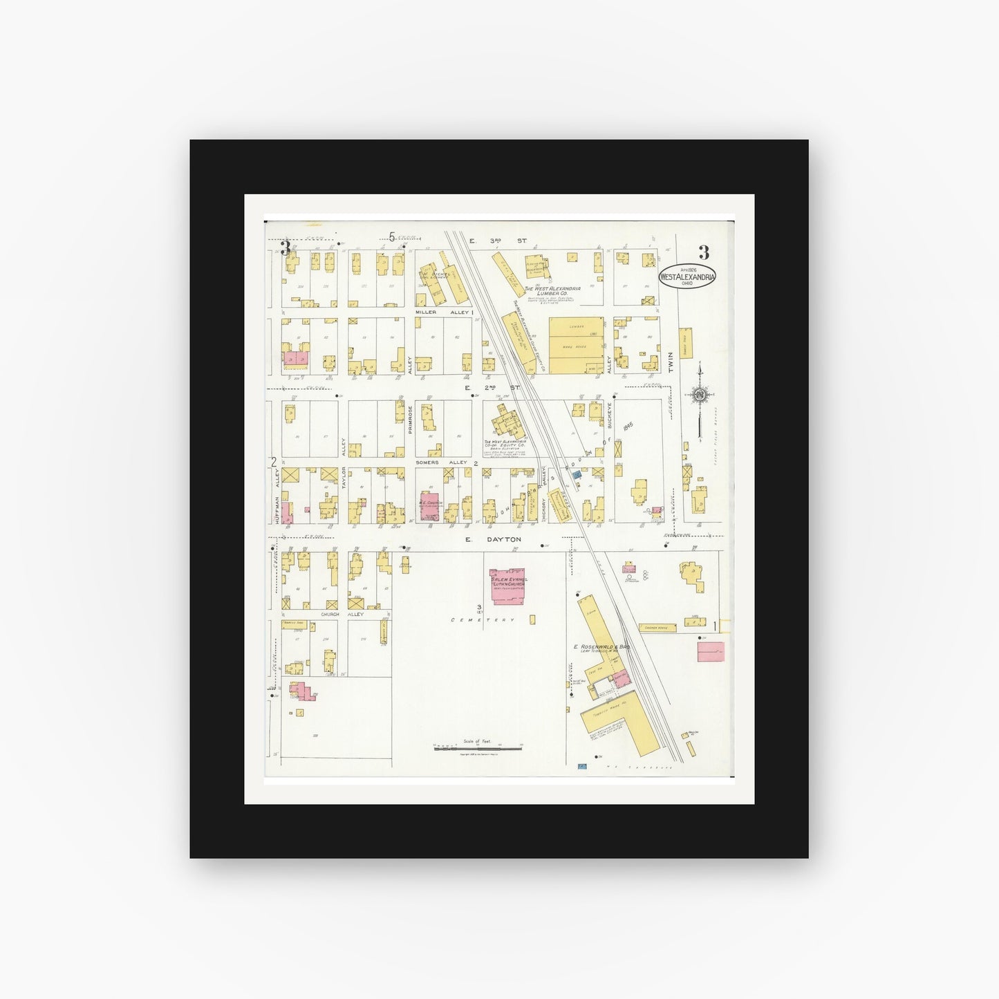 Old map wall art mockup — black gallery frame with white mat — Sanborn Fire Insurance Map from West Alexandria, Preble County, Ohio (1926), Sheet #0003