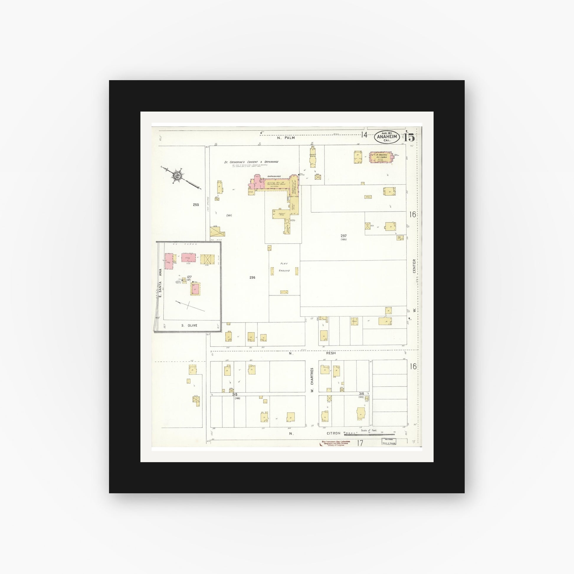 Old map wall art mockup — black gallery frame with white mat — Sanborn Fire Insurance Map from Anaheim, Orange County, California (1911), Sheet #0015