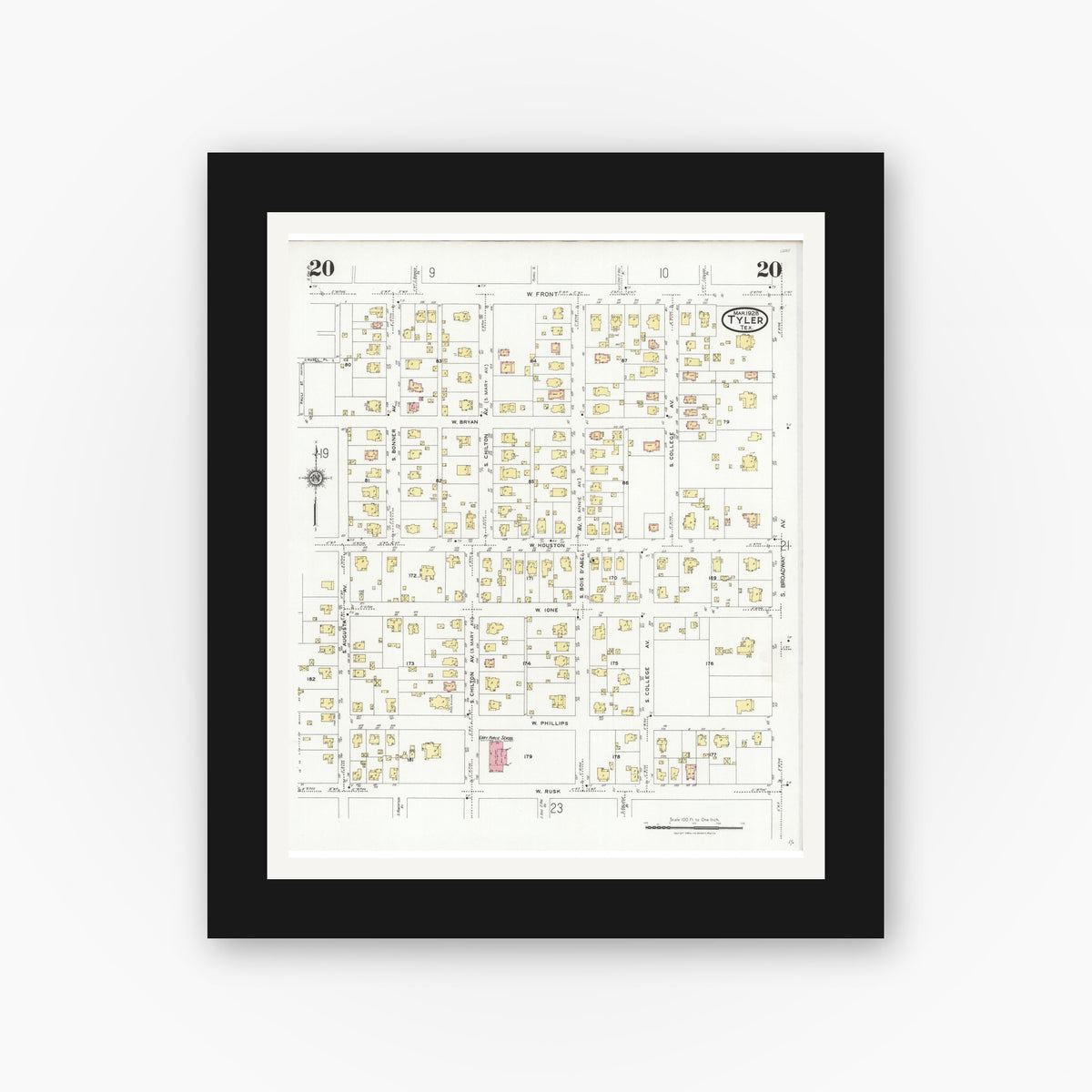 Old map wall art mockup — black gallery frame with white mat — Sanborn Fire Insurance Map from Tyler, Smith County, Texas (1928), Sheet #0020