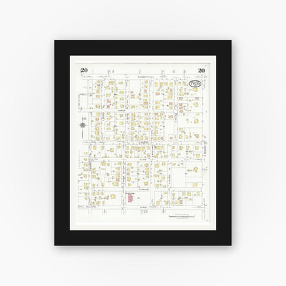 Old map wall art mockup — black gallery frame with white mat — Sanborn Fire Insurance Map from Tyler, Smith County, Texas (1928), Sheet #0020