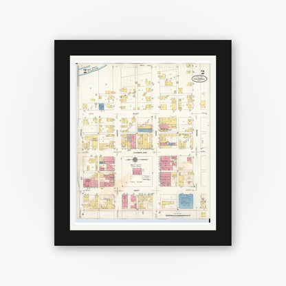 Old map wall art mockup — black gallery frame with white mat — Sanborn Fire Insurance Map from Caldwell, Noble County, Ohio (1932), Sheet #0002
