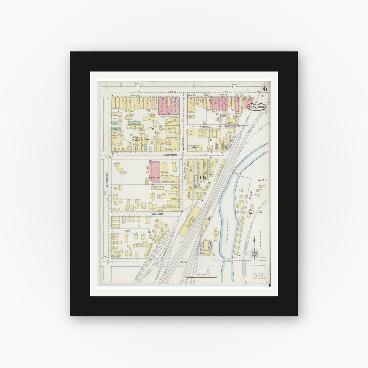 Old map wall art mockup — black gallery frame with white mat — Sanborn Fire Insurance Map from Bradford, McKean County, Pennsylvania (1895), Sheet #0006