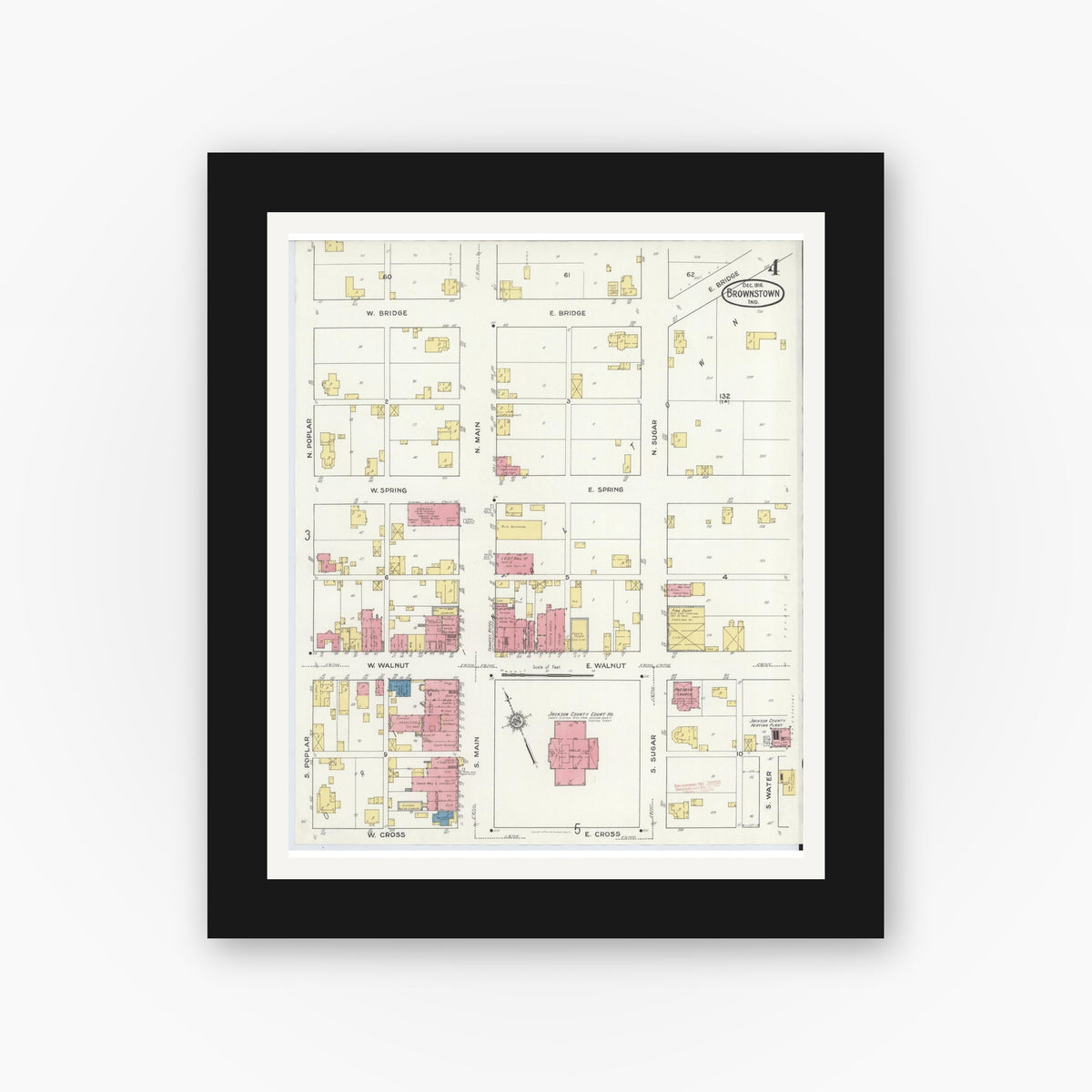 Old map wall art mockup — black gallery frame with white mat — Sanborn Fire Insurance Map from Brownstown, Jackson County, Indiana (1916), Sheet #0004