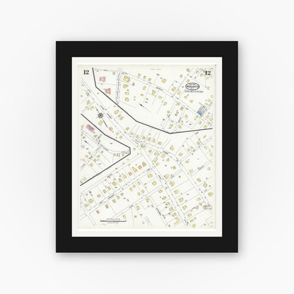 Old map wall art mockup — black gallery frame with white mat — Sanborn Fire Insurance Map from Morganton, Burke County, North Carolina (1924), Sheet #0012