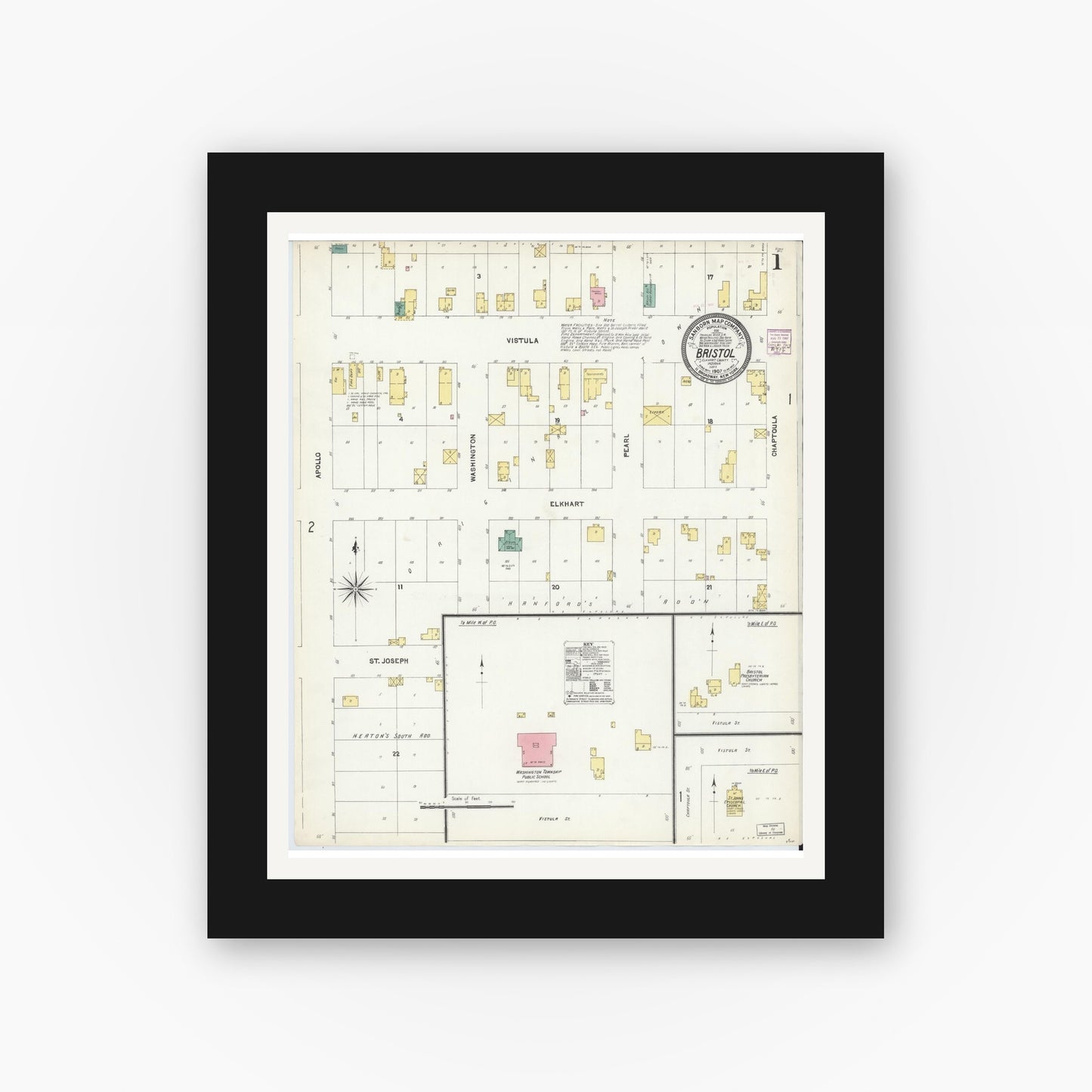 Old map wall art mockup — black gallery frame with white mat — Sanborn Fire Insurance Map from Bristol, Elkhart County, Indiana (1907) - Complete Map Set