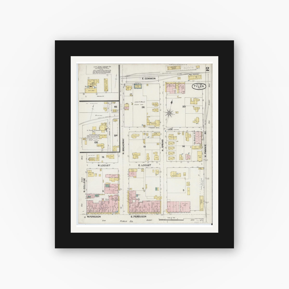 Old map wall art mockup — black gallery frame with white mat — Sanborn Fire Insurance Map from Tyler, Smith County, Texas (1889), Sheet #0002