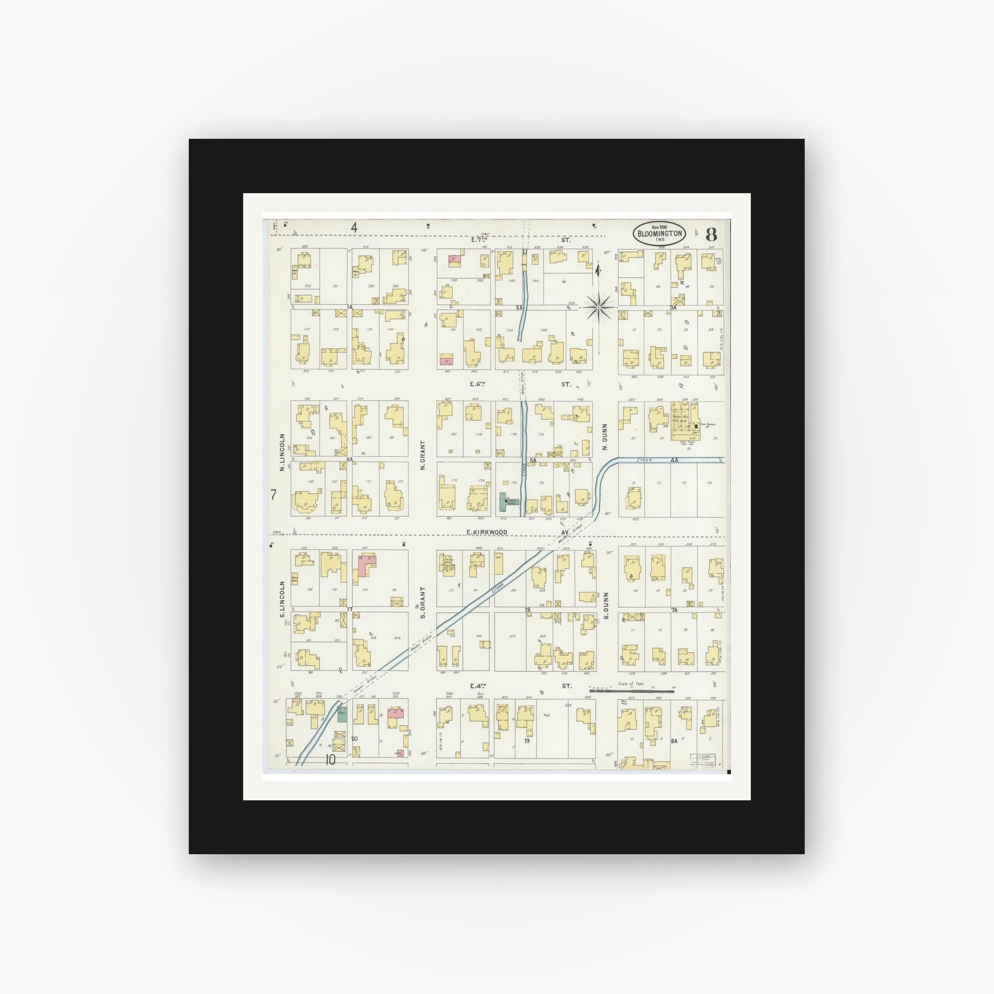 Old map wall art mockup — black gallery frame with white mat — Sanborn Fire Insurance Map from Bloomington, Monroe County, Indiana (1898), Sheet #0008