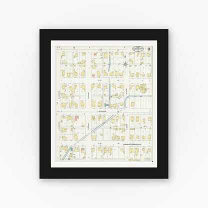 Old map wall art mockup — black gallery frame with white mat — Sanborn Fire Insurance Map from Bloomington, Monroe County, Indiana (1898), Sheet #0008