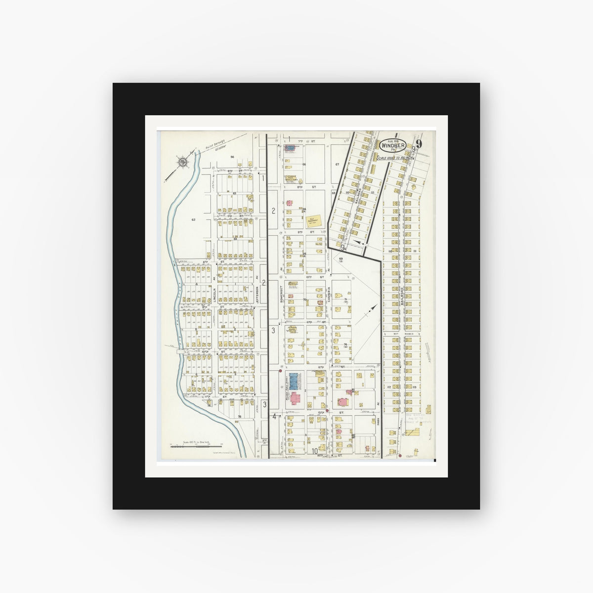 Old map wall art mockup — black gallery frame with white mat — Sanborn Fire Insurance Map from Windber, Somerset County, Pennsylvania (1916), Sheet #0009