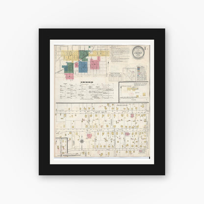 Old map wall art mockup — black gallery frame with white mat — Sanborn Fire Insurance Map from Ladonia, Fannin County, Texas (1934), Sheet #0001