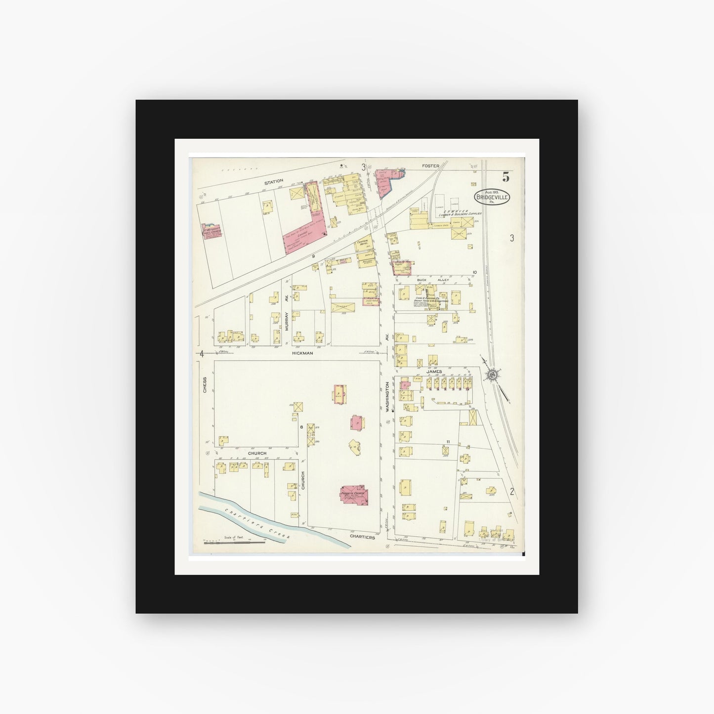 Old map wall art mockup — black gallery frame with white mat — Sanborn Fire Insurance Map from Bridgeville, Allegheny County, Pennsylvania (1913), Sheet #0005