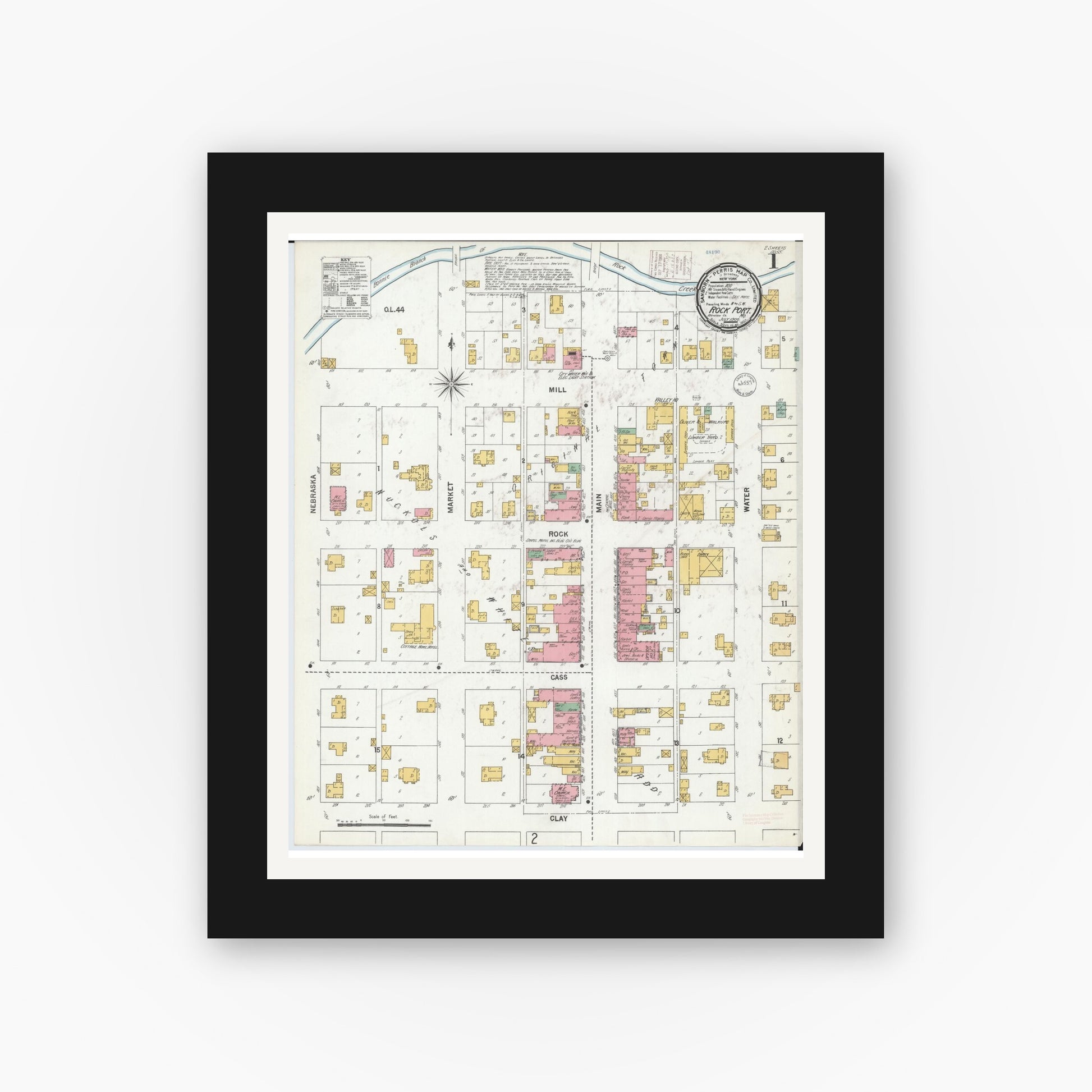 Old map wall art mockup — black gallery frame with white mat — Sanborn Fire Insurance Map from Rockport, Atchison County, Missouri (1900) - Complete Map Set