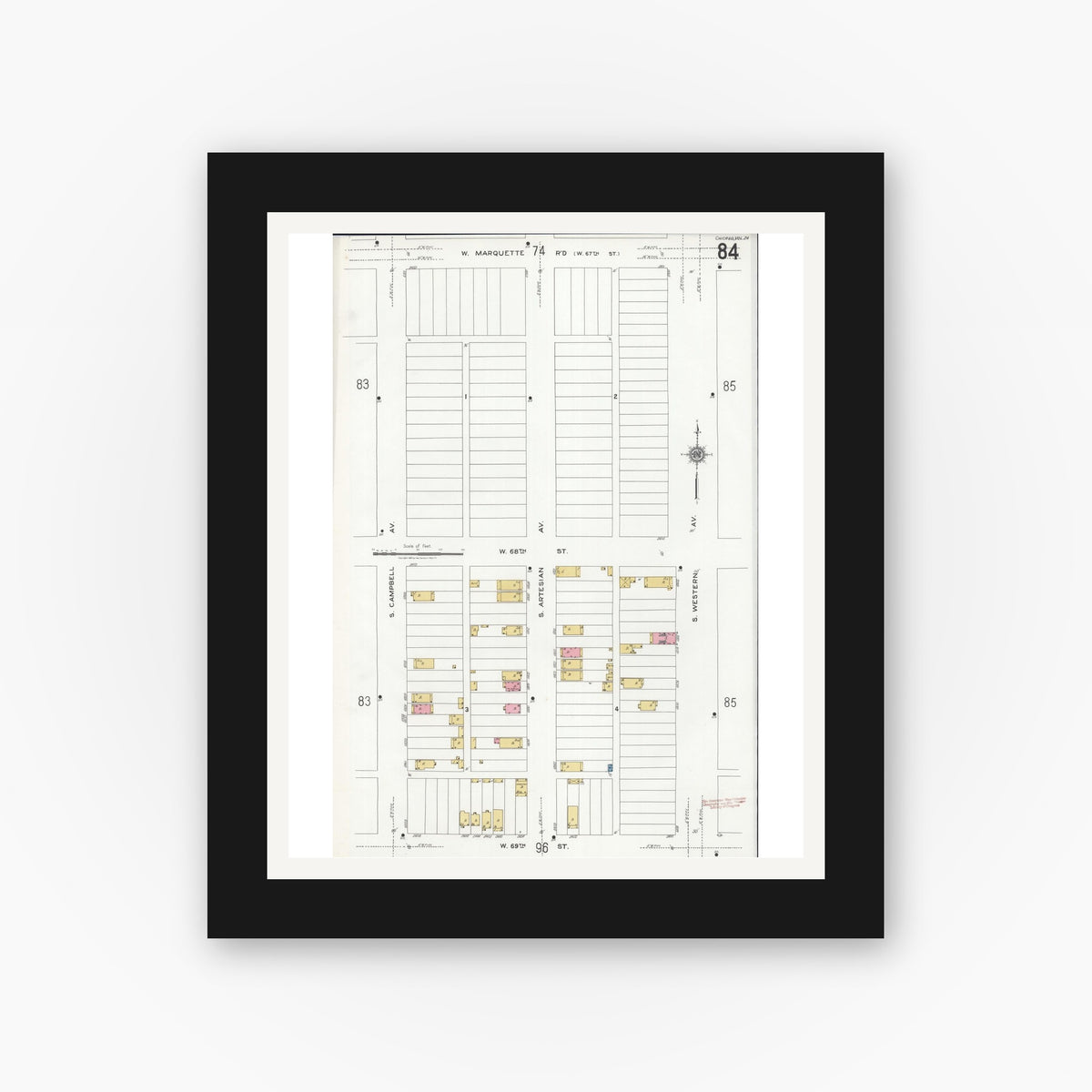 Old map wall art mockup — black gallery frame with white mat — Sanborn Fire Insurance Map from Chicago, Cook County, Illinois (1920), Sheet #0084