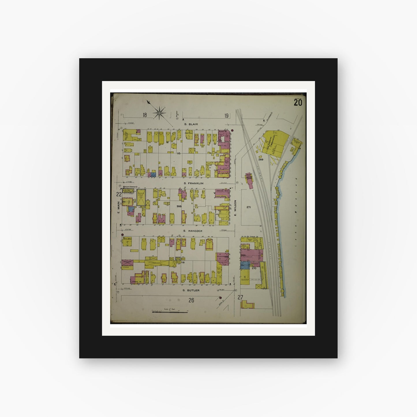 Old map wall art mockup — black gallery frame with white mat — Sanborn Fire Insurance Map from Madison, Dane County, Wisconsin (1908), Sheet #0020