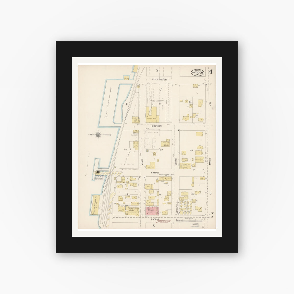 Old map wall art mockup — black gallery frame with white mat — Sanborn Fire Insurance Map from Antioch, Contra Costa County, California (1912), Sheet #0004