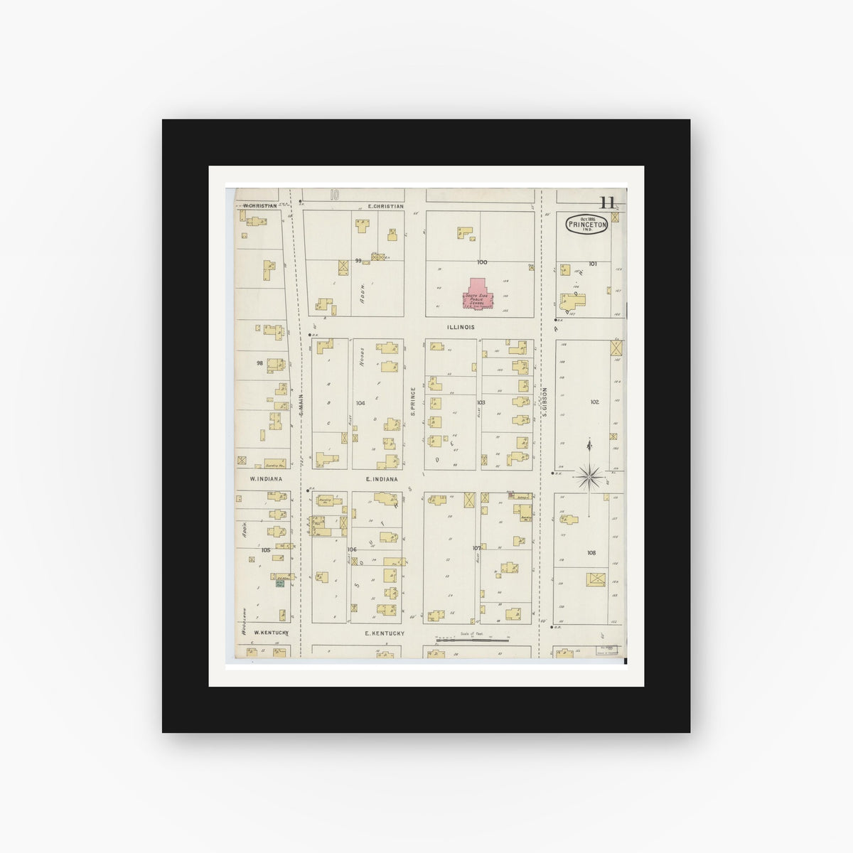 Old map wall art mockup — black gallery frame with white mat — Sanborn Fire Insurance Map from Princeton, Gibson County, Indiana (1895), Sheet #0011