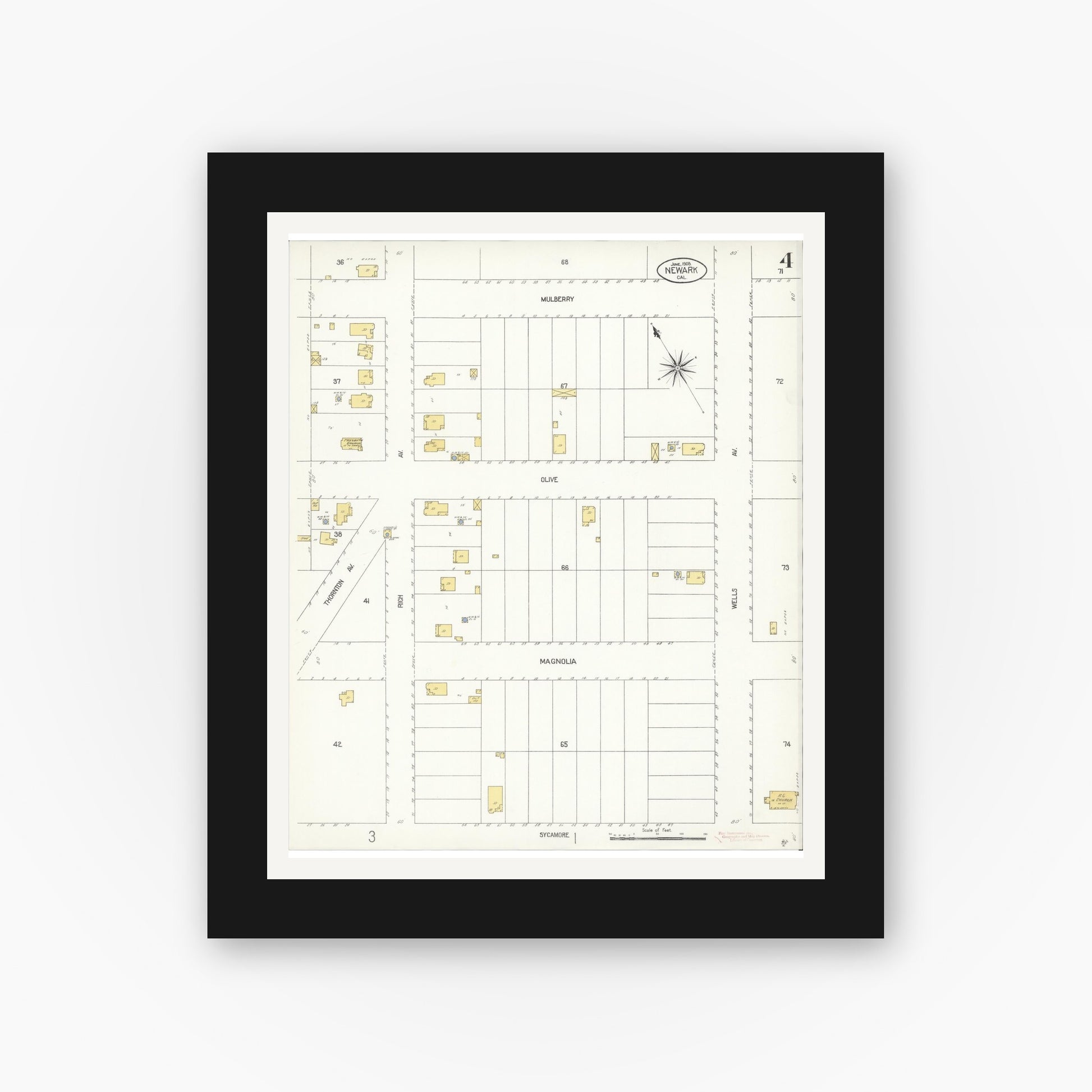 Old map wall art mockup — black gallery frame with white mat — Sanborn Fire Insurance Map from Newark, Alameda County, California (1908), Sheet #0004