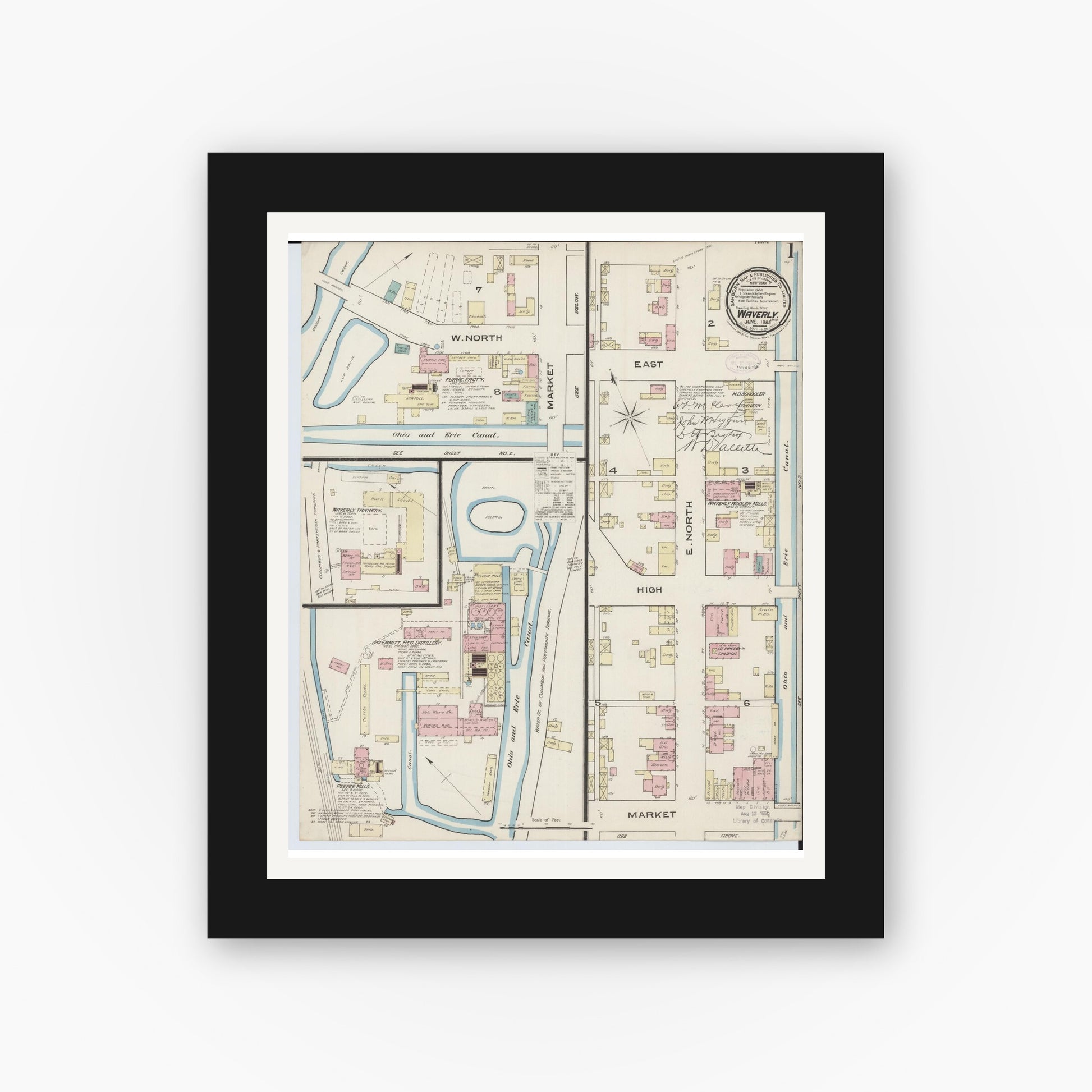 Old map wall art mockup — black gallery frame with white mat — Sanborn Fire Insurance Map from Waverly, Pike County, Ohio (1885), Sheet #0001