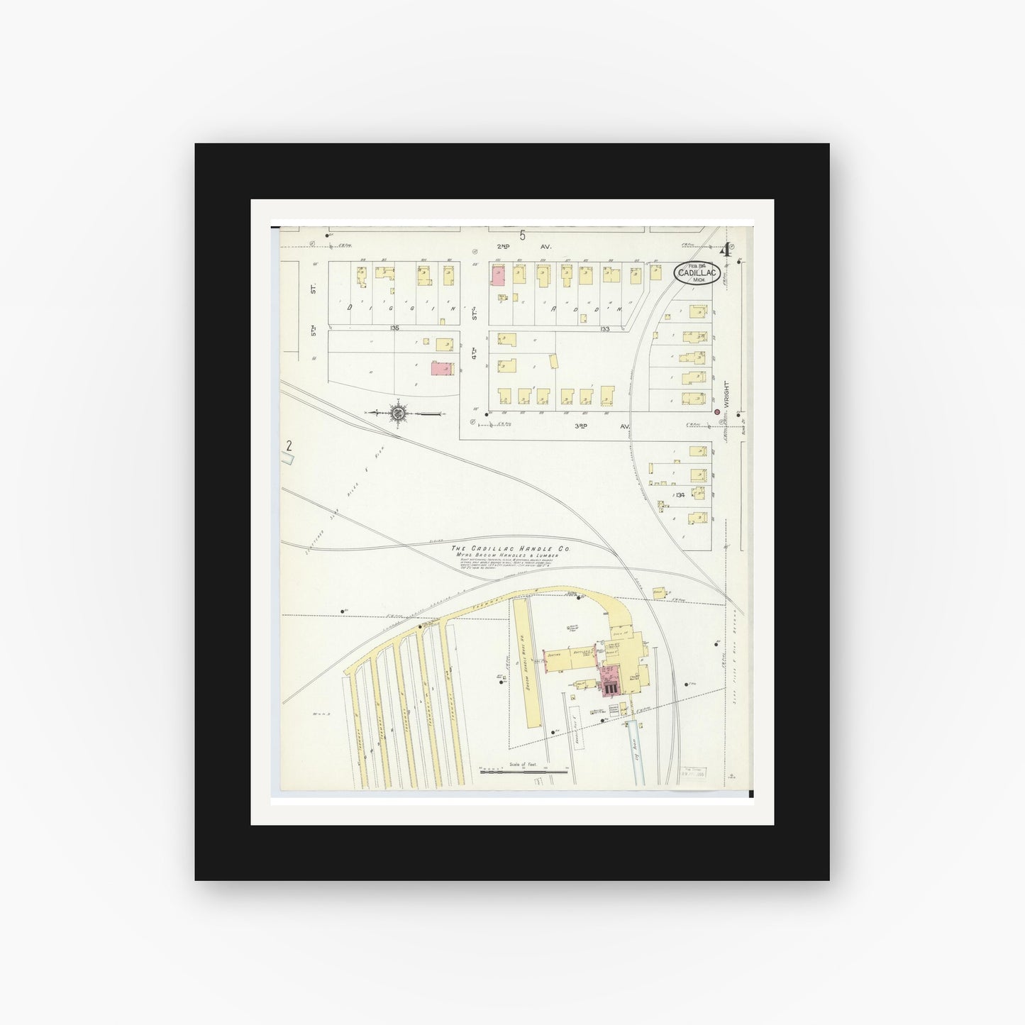 Old map wall art mockup — black gallery frame with white mat — Sanborn Fire Insurance Map from Cadillac, Wexford County, Michigan (1914), Sheet #0004