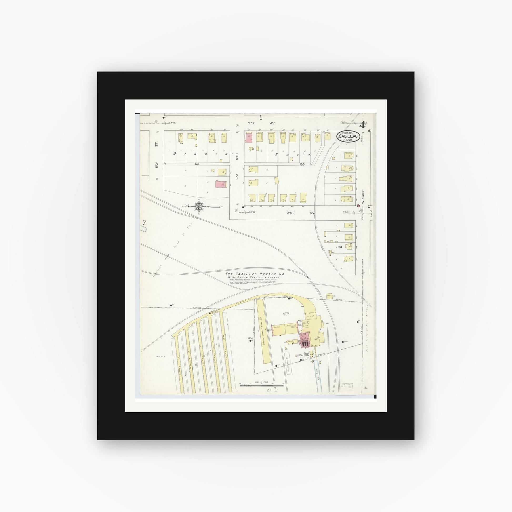 Old map wall art mockup — black gallery frame with white mat — Sanborn Fire Insurance Map from Cadillac, Wexford County, Michigan (1914), Sheet #0004