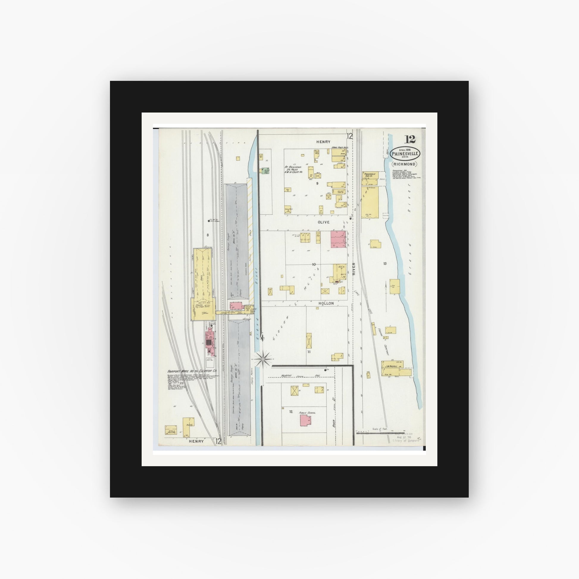 Old map wall art mockup — black gallery frame with white mat — Sanborn Fire Insurance Map from Painesville, Lake County, Ohio (1898), Sheet #0012