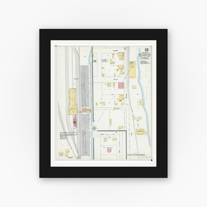 Old map wall art mockup — black gallery frame with white mat — Sanborn Fire Insurance Map from Painesville, Lake County, Ohio (1898), Sheet #0012