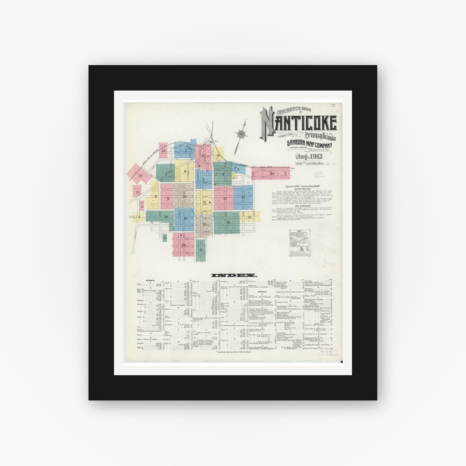 Old map wall art mockup — black gallery frame with white mat — Sanborn Fire Insurance Map from Nanticoke, Luzerne County, Pennsylvania (1912), Sheet #0001