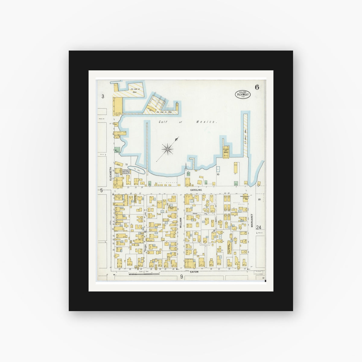 Old map wall art mockup — black gallery frame with white mat — Sanborn Fire Insurance Map from Key West, Monroe County, Florida (1899), Sheet #0006