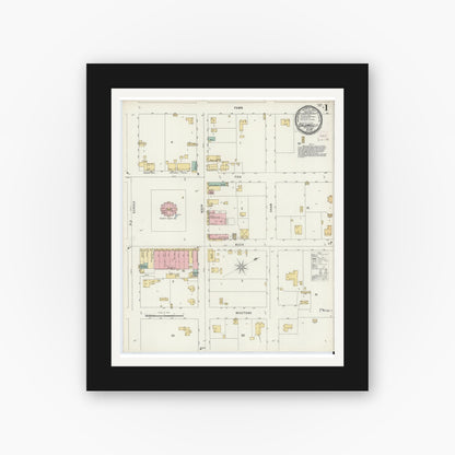 Old map wall art mockup — black gallery frame with white mat — Sanborn Fire Insurance Map from Caldwell, Burleson County, Texas (1896), Sheet #0001