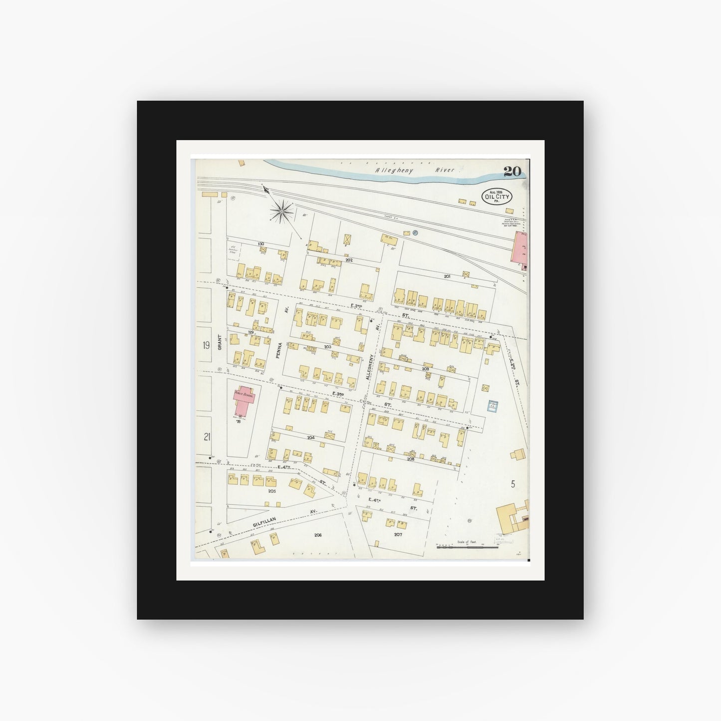 Old map wall art mockup — black gallery frame with white mat — Sanborn Fire Insurance Map from Oil City, Venango County, Pennsylvania (1906), Sheet #0020