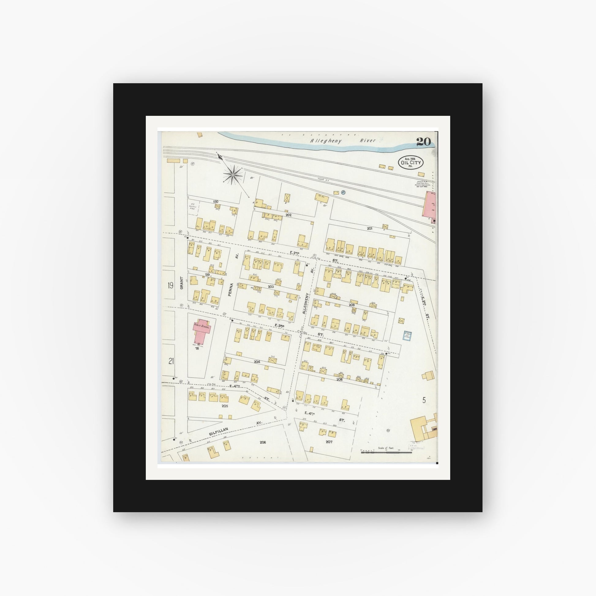 Old map wall art mockup — black gallery frame with white mat — Sanborn Fire Insurance Map from Oil City, Venango County, Pennsylvania (1906), Sheet #0020