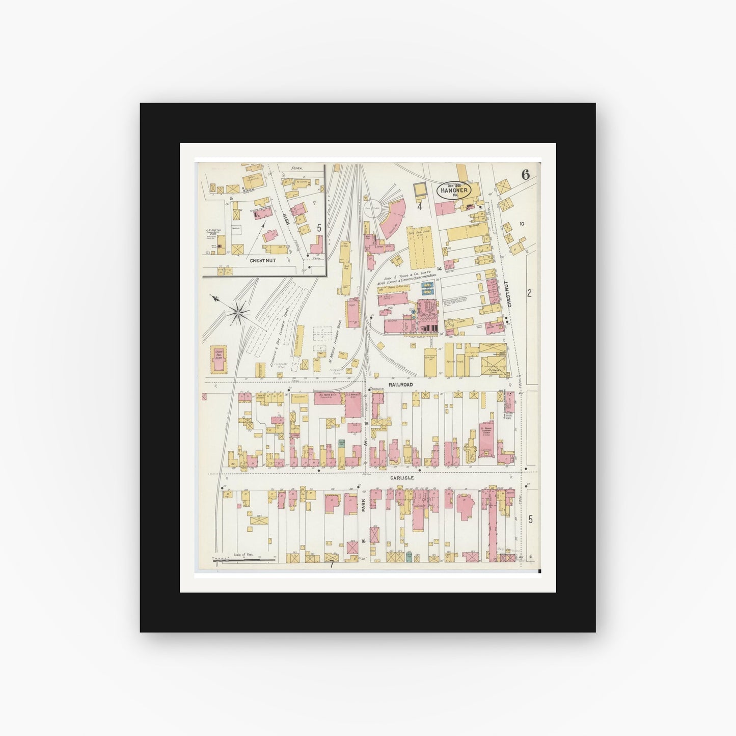 Old map wall art mockup — black gallery frame with white mat — Sanborn Fire Insurance Map from Hanover, York County, Pennsylvania (1902), Sheet #0006