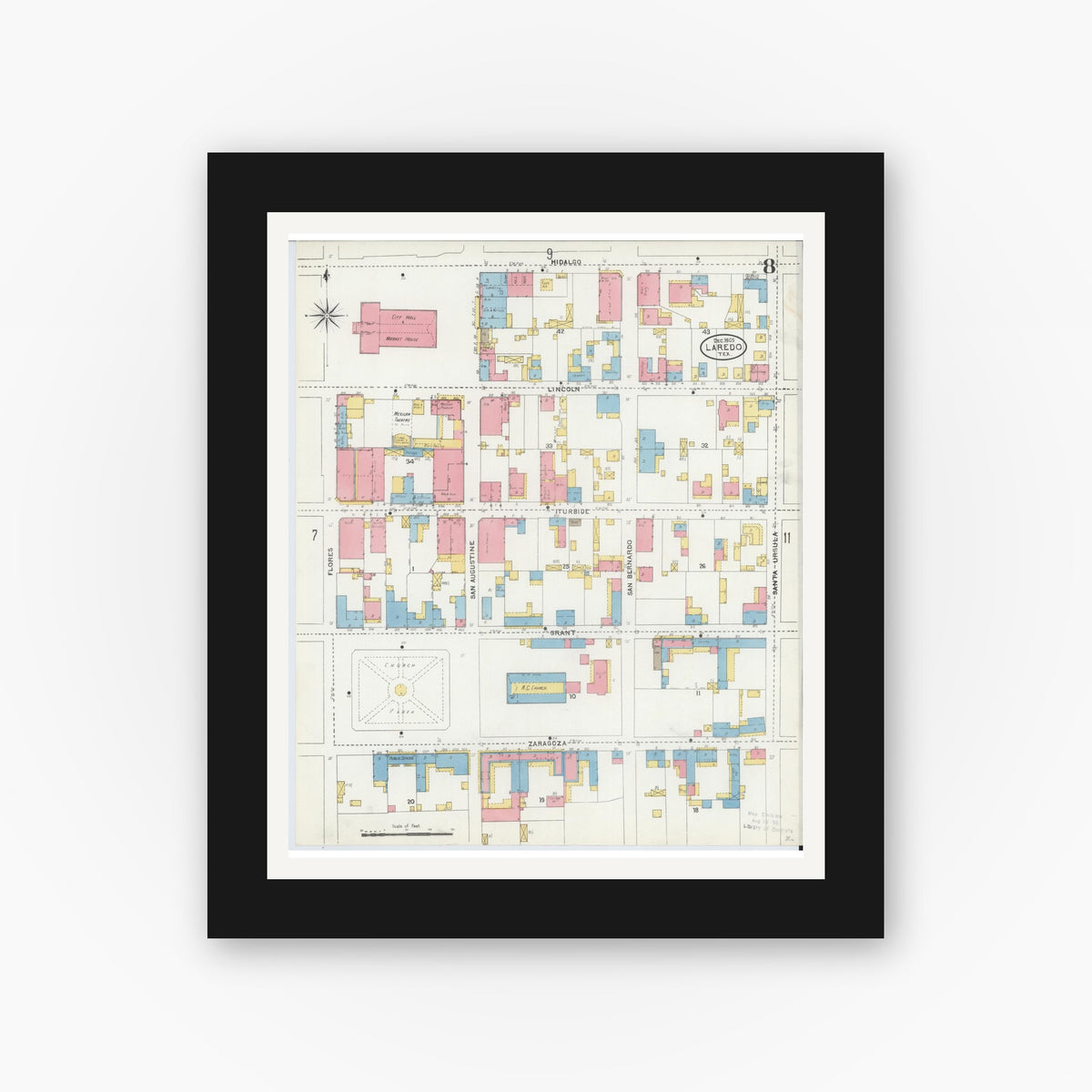 Old map wall art mockup — black gallery frame with white mat — Sanborn Fire Insurance Map from Laredo, Webb County, Texas (1905), Sheet #0008