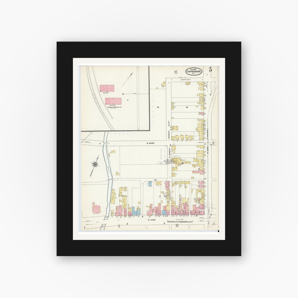 Old map wall art mockup — black gallery frame with white mat — Sanborn Fire Insurance Map from Shippensburg, Cumberland And Franklin Counties, Pennsylvania (1910), Sheet #0005