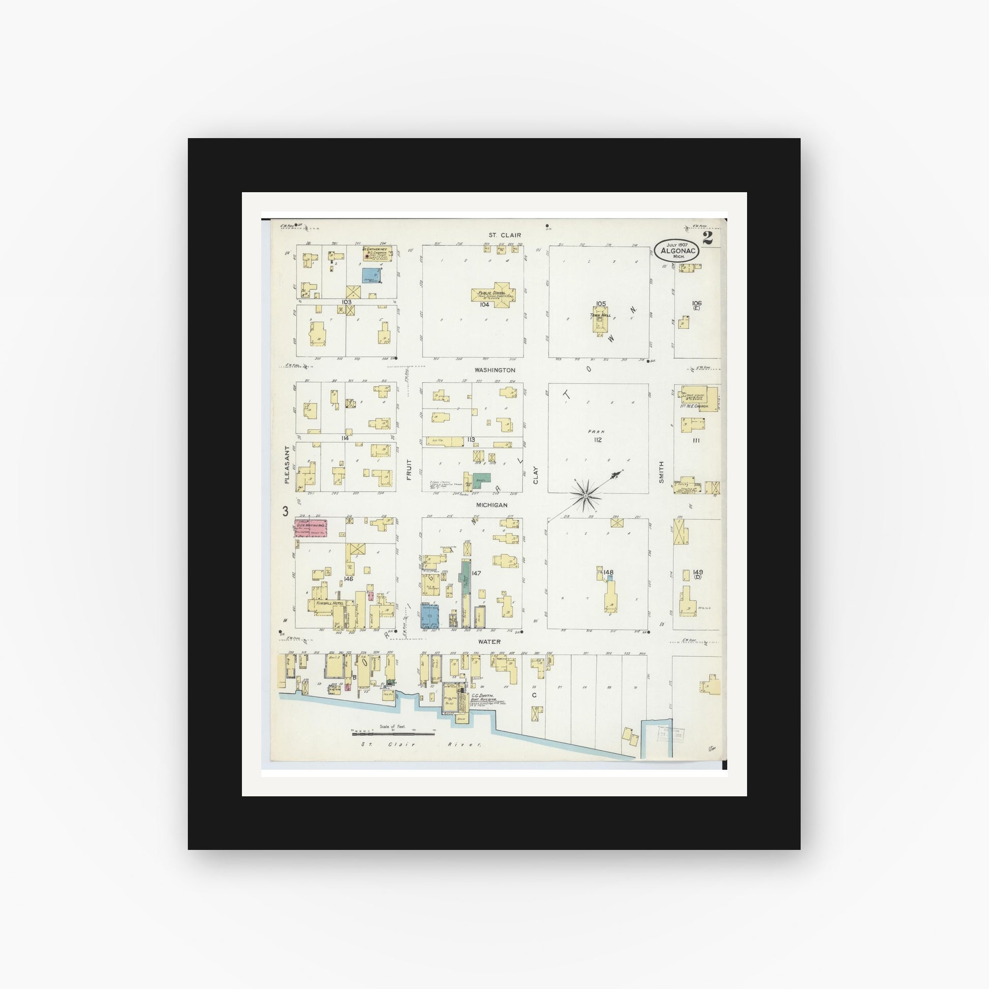 Old map wall art mockup — black gallery frame with white mat — Sanborn Fire Insurance Map from Algonac, Saint Clair County, Michigan (1907), Sheet #0002