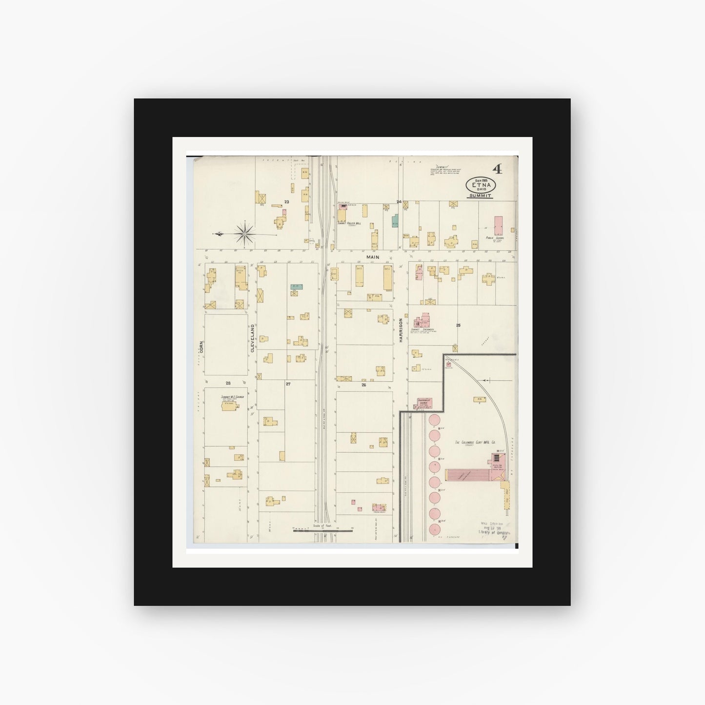 Old map wall art mockup — black gallery frame with white mat — Sanborn Fire Insurance Map from Etna, Luking County, Ohio (1905), Sheet #0004