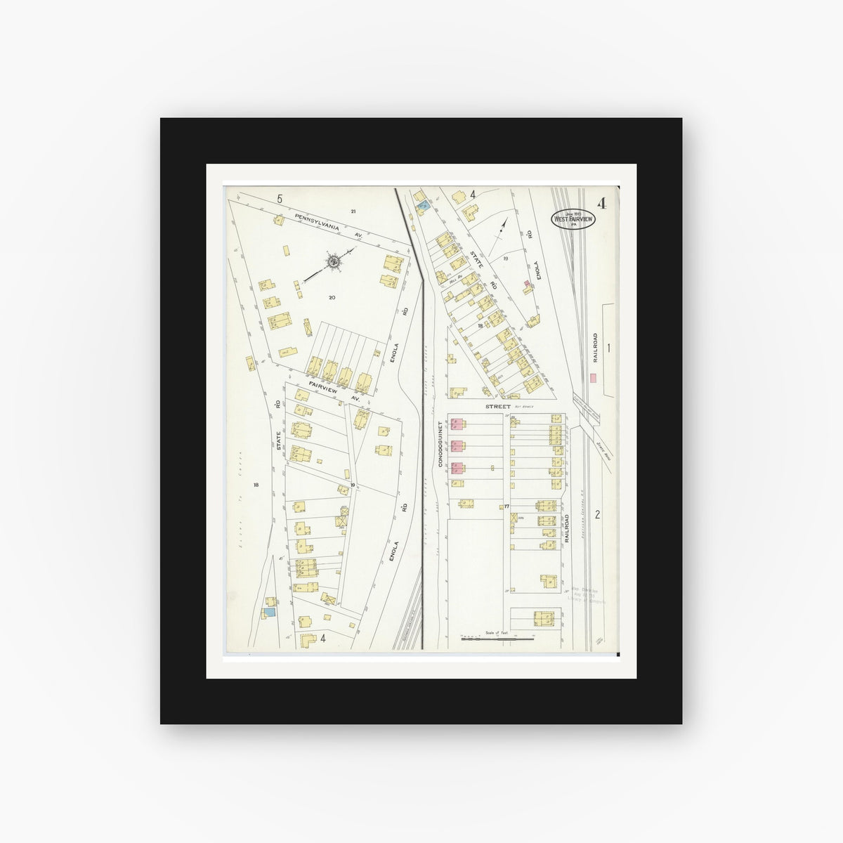 Old map wall art mockup — black gallery frame with white mat — Sanborn Fire Insurance Map from West Fairview, Cumberland County, Pennsylvania (1910), Sheet #0004