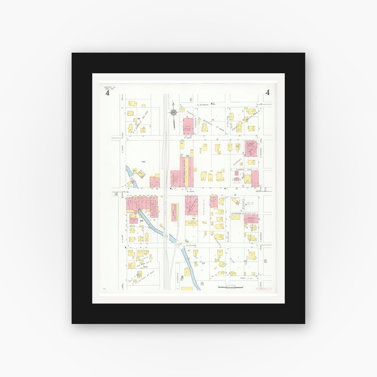 Old map wall art mockup — black gallery frame with white mat — Sanborn Fire Insurance Map from Marion, Williamson County, Illinois (1937), Sheet #0004