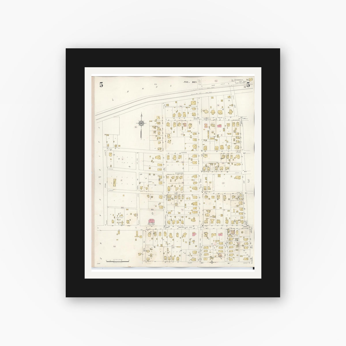 Old map wall art mockup — black gallery frame with white mat — Sanborn Fire Insurance Map from Commerce, Hunt County, Texas (1940), Sheet #0005