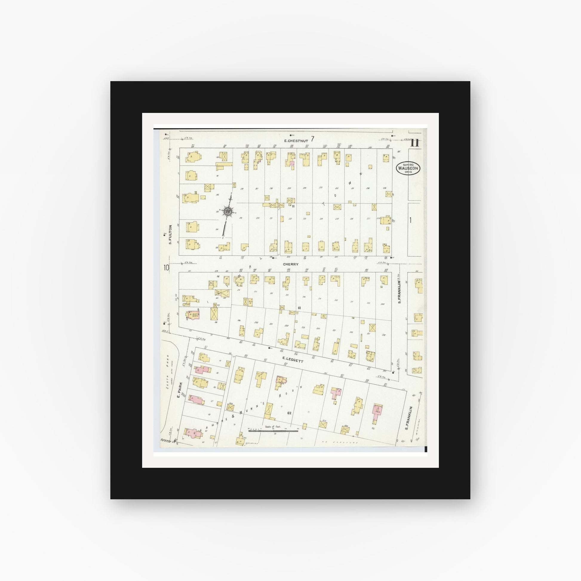 Old map wall art mockup — black gallery frame with white mat — Sanborn Fire Insurance Map from Wauseon, Fulton County, Ohio (1910), Sheet #0011
