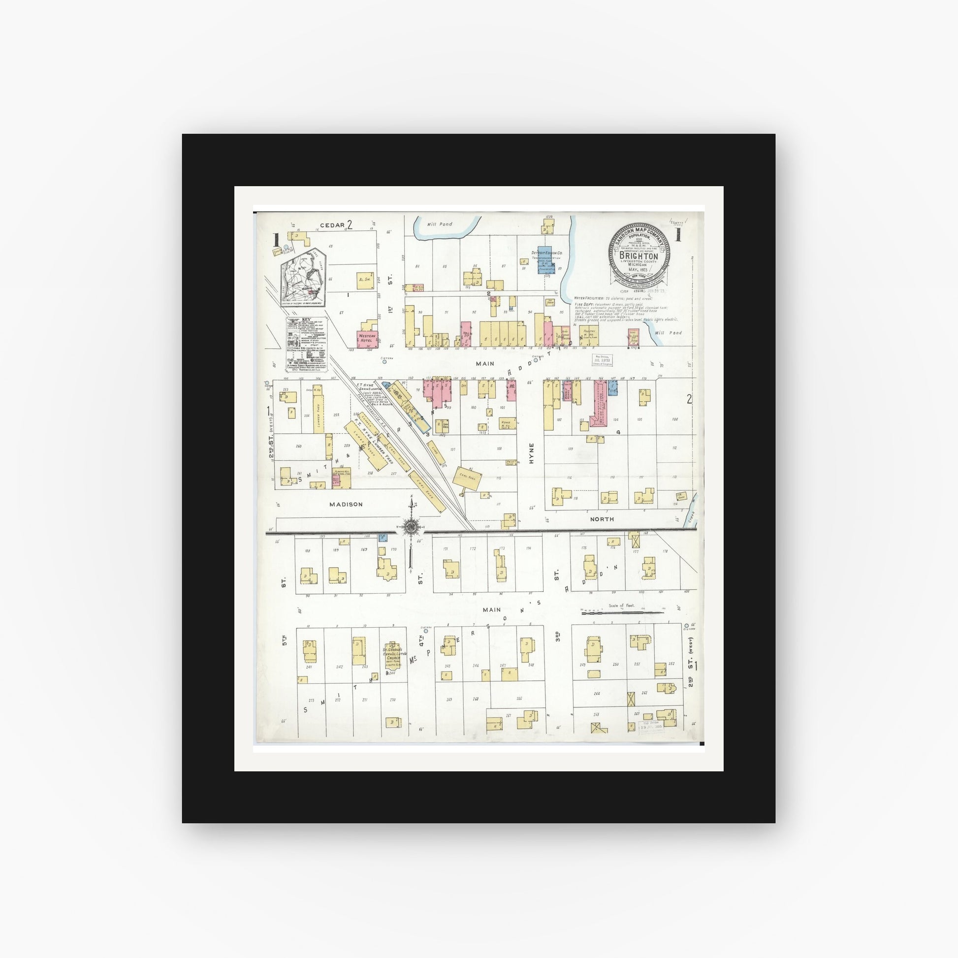Old map wall art mockup — black gallery frame with white mat — Sanborn Fire Insurance Map from Brighton, Livingston County, Michigan (1923), Sheet #0001